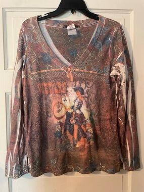 Western Graphic V-Neck Long Sleeve Top - Brown Floral